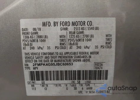 2018 Ford Edge Se z USA, uszkodzony, nr VIN 2FMPK4G95JBC60653